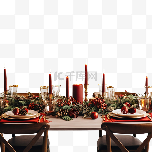 用冷杉树枝装饰的节日圣诞节感恩节餐桌图片