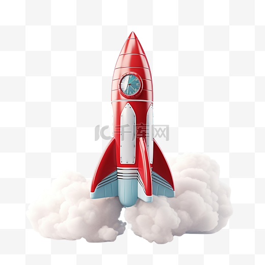 带有喷射烟雾的火箭在云层中飞行有趣的玩具太空火箭 3d 插图 3d 渲染图片