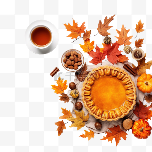 秋季构图的平躺感恩节茶南瓜的概念新鲜出炉的馅饼干图片