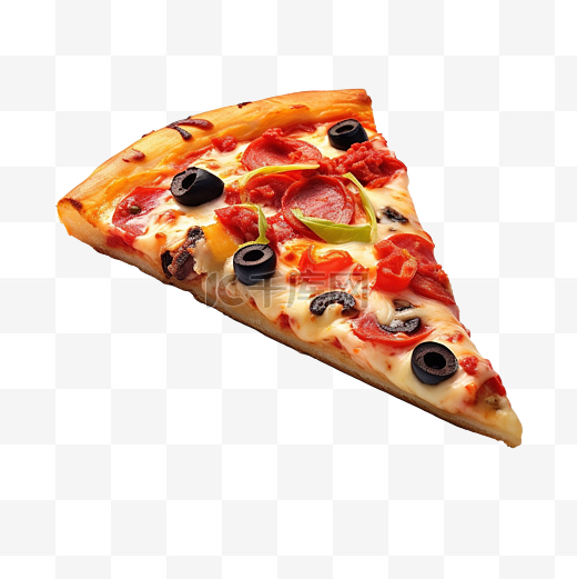 一片披萨的 3D 渲染，上面有黑橄榄和红辣椒图片