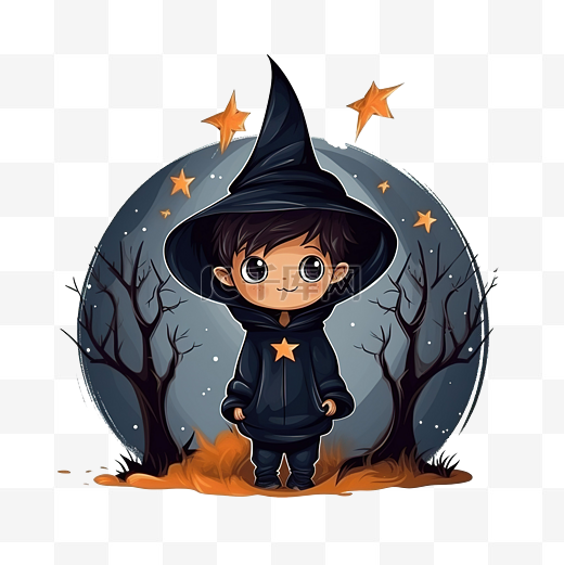 夜间设计前树上穿着万圣节巫师服装的男孩图片