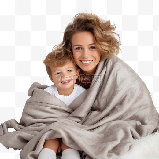 快乐的母亲和男婴穿着毯子在圣诞房间里摆姿势图片