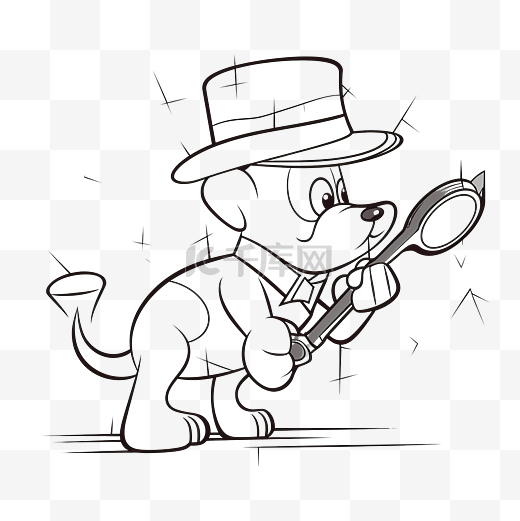 用放大镜跟随线索勾勒出侦探狗卡通人物图片
