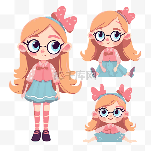 小女孩剪贴画 几个戴眼镜和粉色裙子的卡通女孩 向量图片