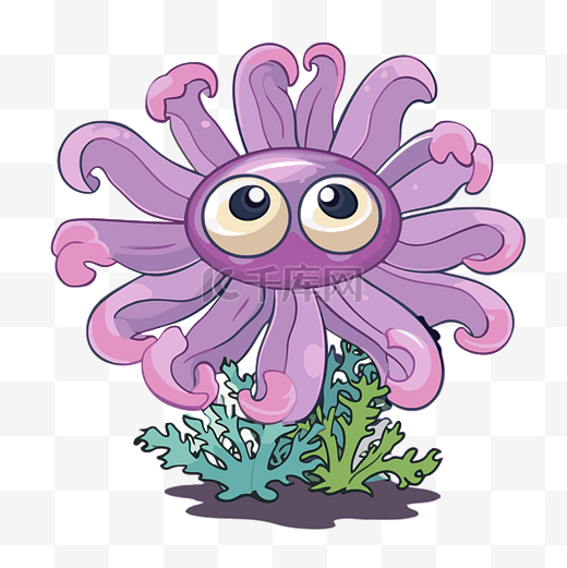 海葵剪贴画卡通大眼睛章鱼花 向量图片