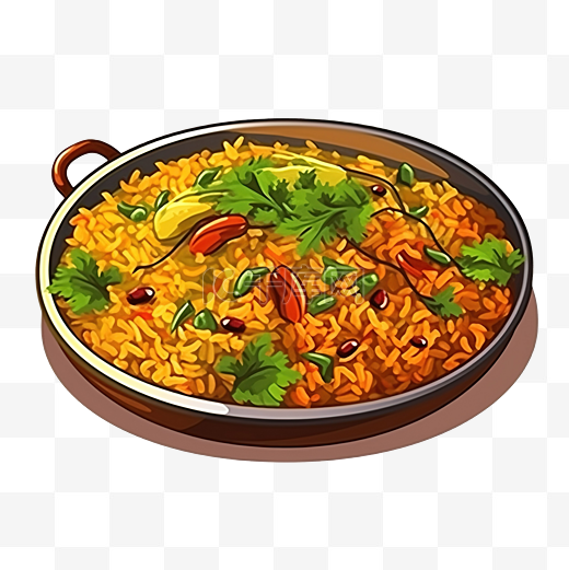 Biryani 印度菜香料肉或蔬菜和米饭卡通贴纸图片