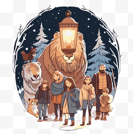 纳尼亚剪贴画家庭冬季灯和圣诞故事卡通 向量图片