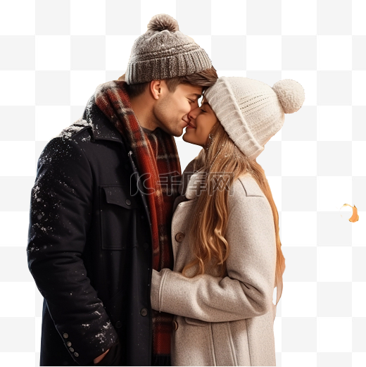 穿着暖和衣服的年轻夫妇在圣诞装饰的街道上接吻图片