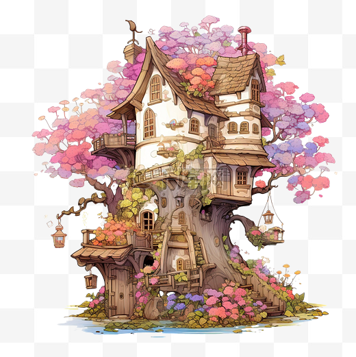 树上有很多花的童话房子的插图 ai 生成图片