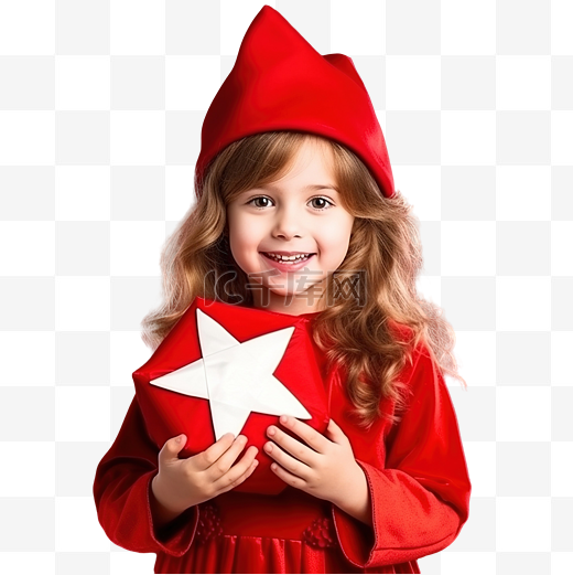 穿着圣诞老人衣服和帽子的漂亮小女孩拿着圣诞红星图片