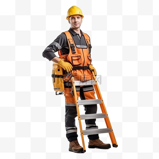 穿着工作服的男建筑工或专业修理工肩上扛着梯子图片