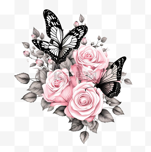 蝴蝶黑色白色和玫瑰色图片