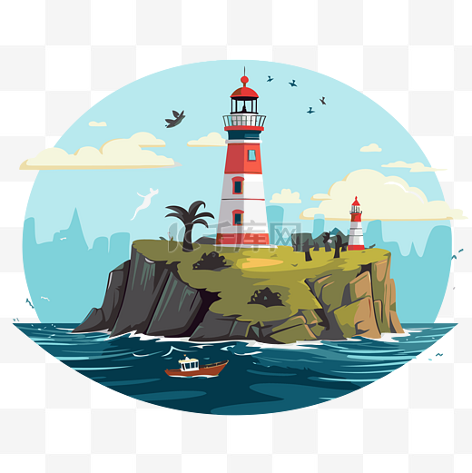 沿海剪贴画灯塔和岛上的船平面插画卡通 向量图片