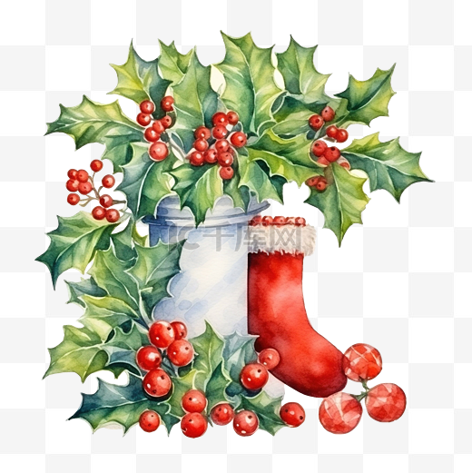 圣诞冬青边框与丝袜和礼物水彩插图图片