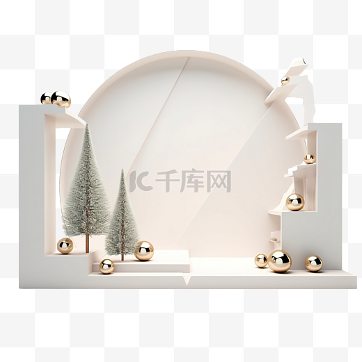 几何形状简约时装秀 3D 室内舞台，配有圣诞树和礼物图片