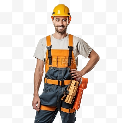 穿着工作服的男建筑工或专业修理工肩上扛着梯子图片