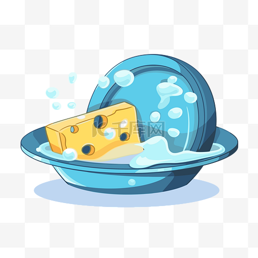 洗碗剪贴画卡通奶酪放在盘子里，装在带有蓝色泡沫的肥皂玻璃中 向量图片