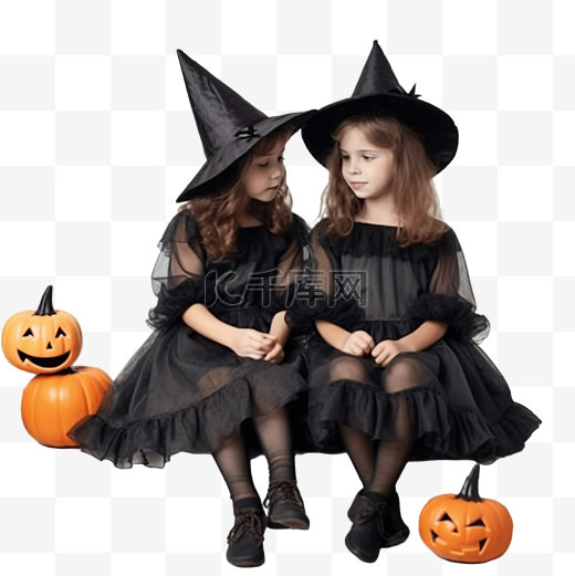 万圣节，身着女巫服装的姐妹们坐在楼梯上图片