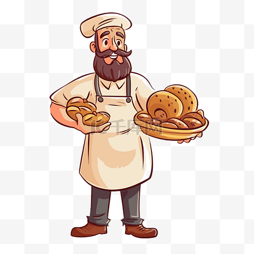 面包师剪贴画卡通糕点师拿着面包和面包 向量图片