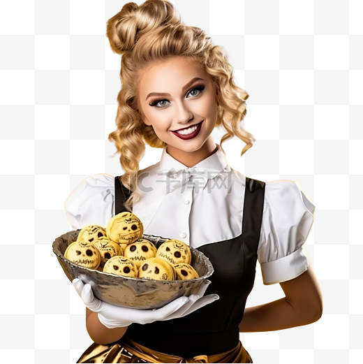 身穿服务员服装配有金头骨角色扮演游戏的糖果漂亮女孩万圣节派对商店概念图片