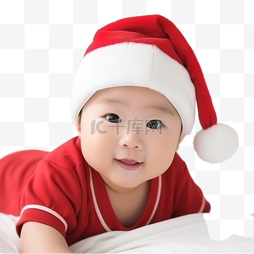 圣诞节那天，穿着圣诞老人衣服的亚洲男婴在白色床上图片