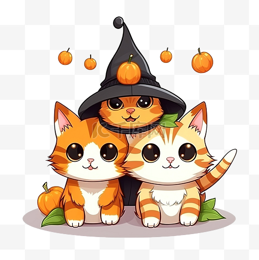 可爱的小猫猫女巫帽子派对滑稽的脸渴望橙色南瓜快乐万圣节卡通平面矢量图片