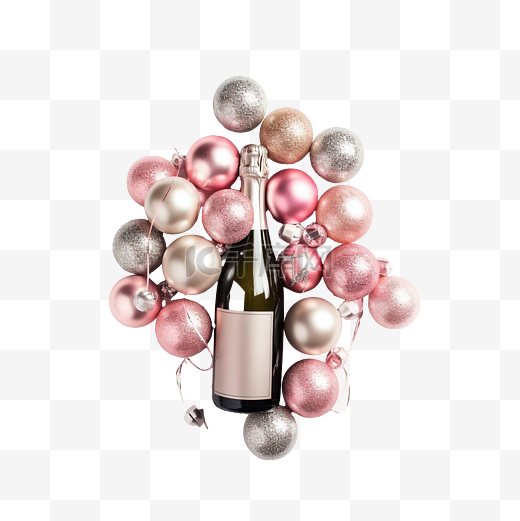 带粉色和银色圣诞球的香槟瓶图片