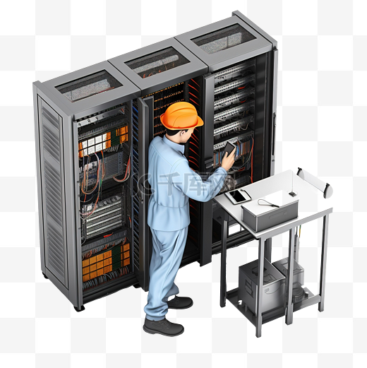 在服务器机房工作的技术人员服务器机房数据中心服务器技术支持存储分发或处理中心 3D 插图图片