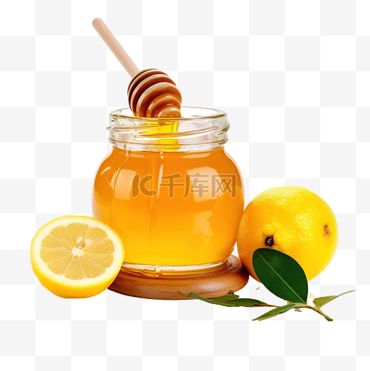 孤立背景中装满蜂蜜木蜂蜜北斗和柠檬的玻璃罐图片