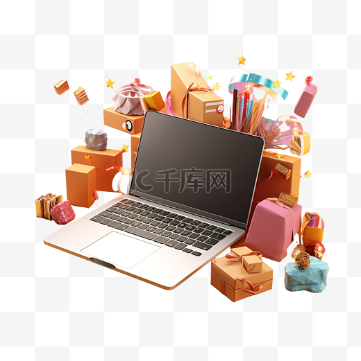 在线购物与笔记本电脑插图的商业理念概念隔离在彩色背景 3D 渲染图片