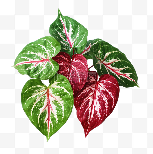 一半的红色和绿色叶子，带有白色斑点，花式叶贝母热带叶子室内植物隔离png文件图片