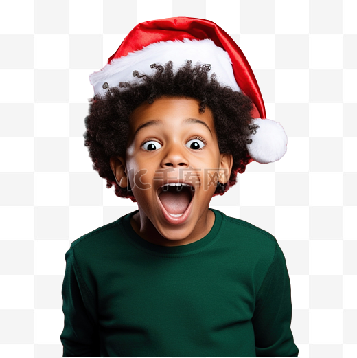 戴着圣诞帽的非洲裔美国男孩，红墙上露出惊讶的面部表情图片