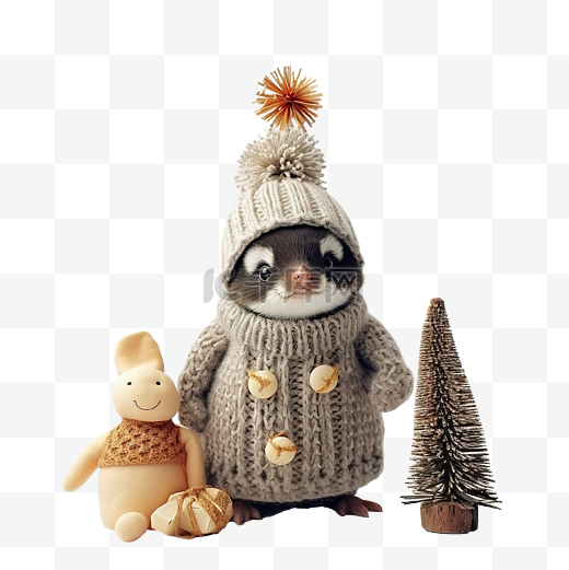 穿着鹿头针织毛衣的滑稽小企鹅站在圣诞树附近图片