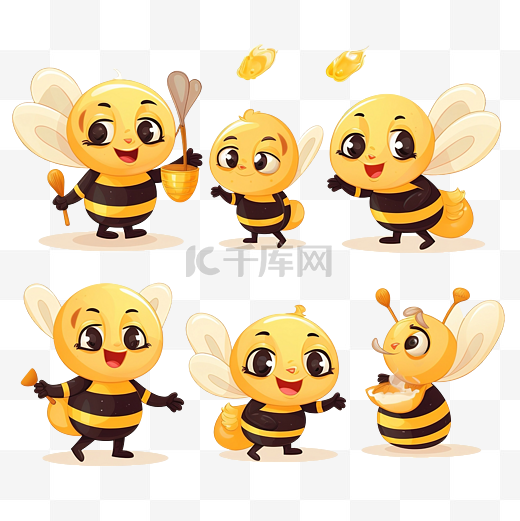 卡通可爱的蜜蜂吉祥物，有不同的姿势，拿着蜂蜜北斗七星和蜂窝插图图片
