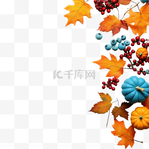 秋季构图在蓝色背景上留下浆果南瓜感恩节概念平躺复制空间图片