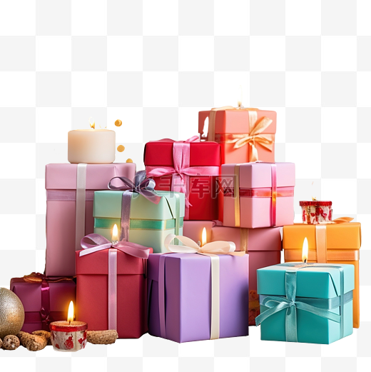 一组色彩缤纷的圣诞礼品盒，里面有蜡烛和家里桌子上的装饰品图片