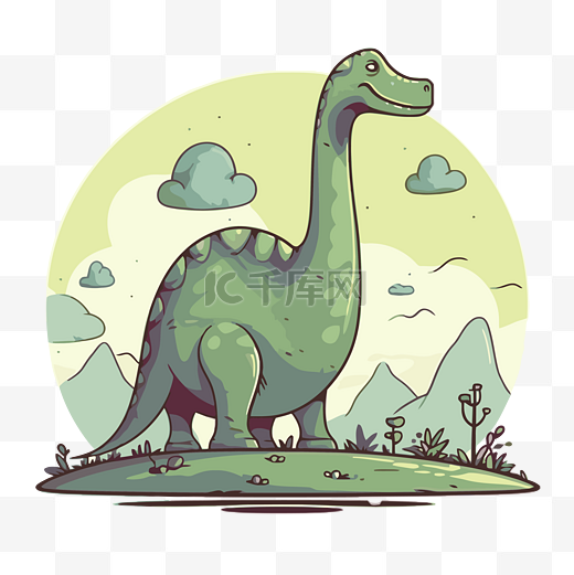 雷龙剪贴画卡通恐龙走在绿色的田野中间 向量图片
