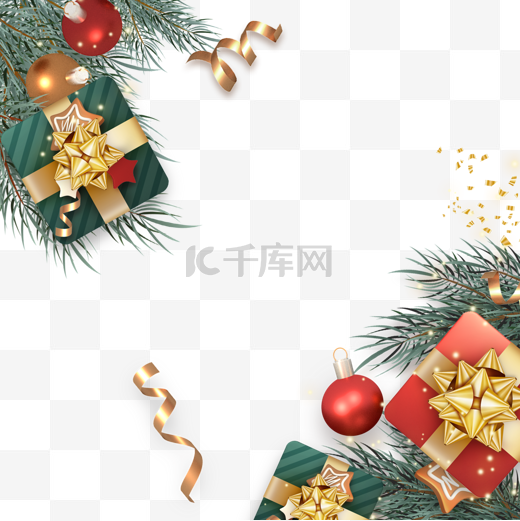 圣诞球和礼物盒金丝带搭配的边框图片