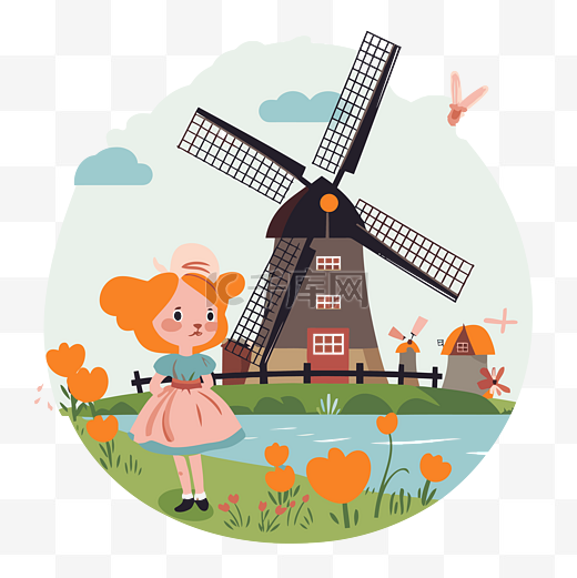 荷兰剪贴画矢量插图风车卡通上有郁金香的女孩图片