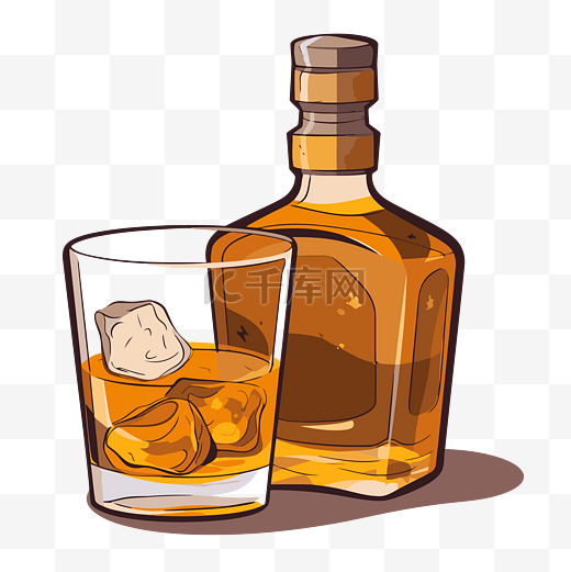 波旁威士忌剪贴画威士忌瓶和玻璃杯与冰咖啡背景矢量插画卡通图片
