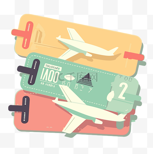 飞机票剪贴画 三个行李标签，白色背景卡通上有两架飞机 向量图片