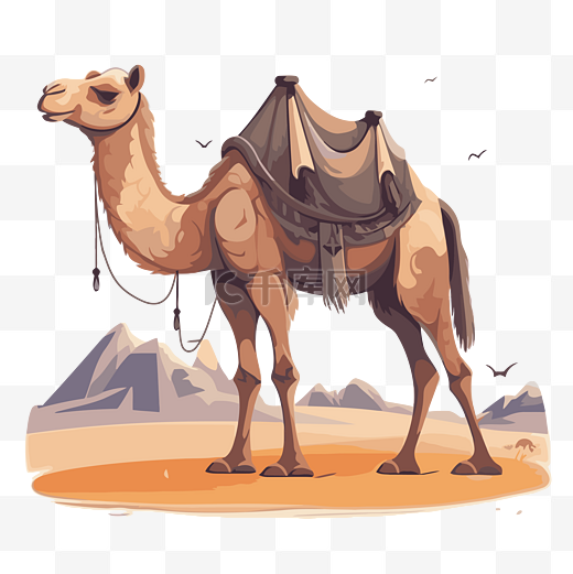 骆驼剪贴画骆驼在沙漠里，背上背着一个篮子插画卡通 向量图片