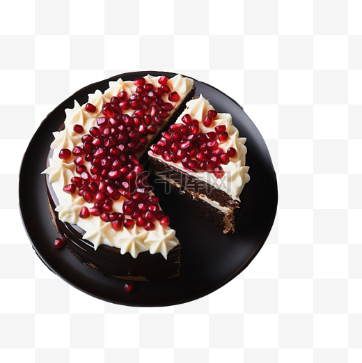 圣诞切片巧克力蛋糕，配有白色糖霜和石榴仁，木质深色图片