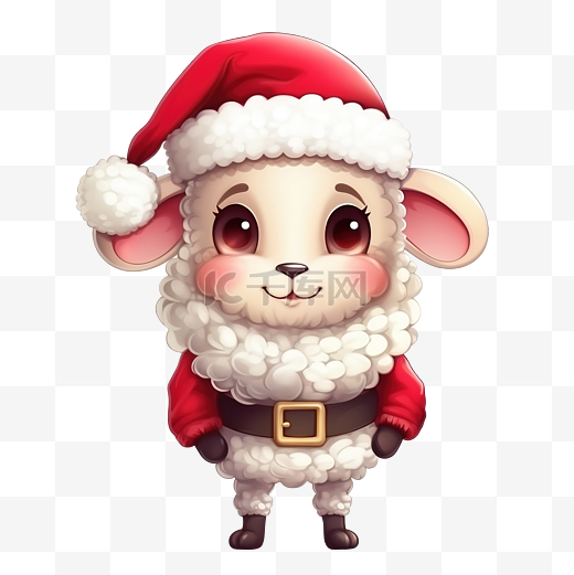 可爱的羊与圣诞老人帽子服装卡通人物动物圣诞节概念图片