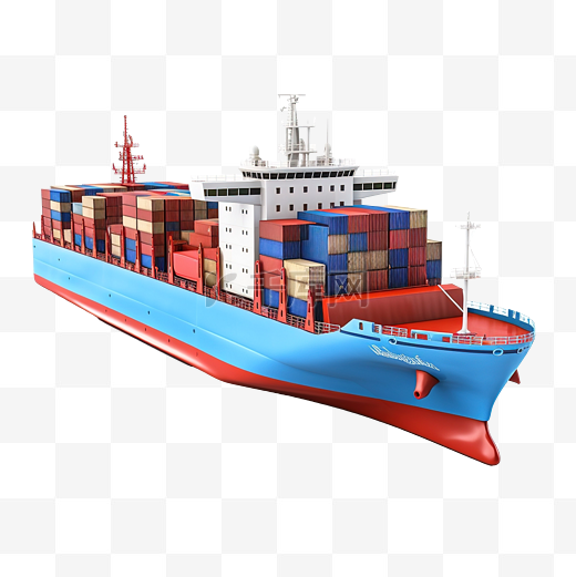 远洋运输中装有集装箱的货船隔离运输货运海运或海运概念 3d 插图或 3d 渲染图片