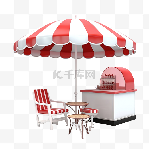 3d 商店咖啡馆配有冰淇淋陈列柜或冰箱咖啡桌伞沙发椅隔离 3d 渲染插图图片