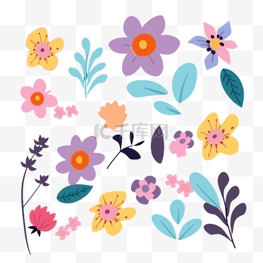 扁平风格图像卡通中的花朵剪贴画集异想天开的花朵和叶子 向量图片