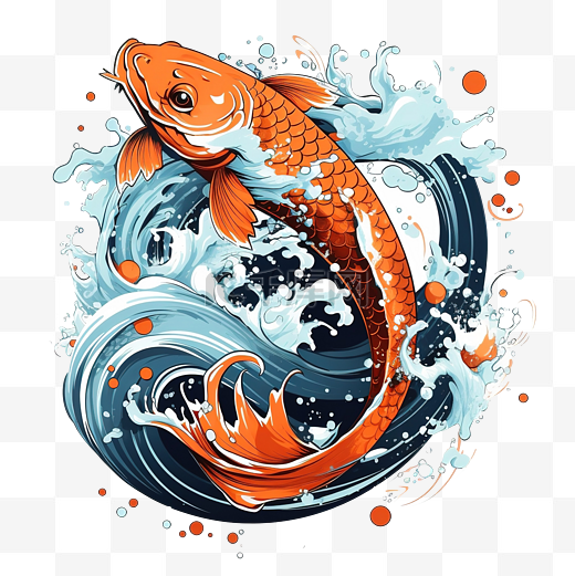 锦鲤鱼纹身与水溅亚洲或日本风格插图白色背景图片
