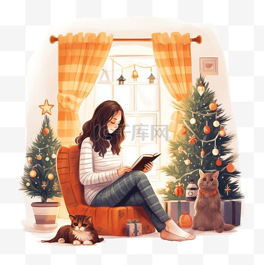 舒适的圣诞房间内部，穿着毛衣的女孩靠近节日树长袜和礼物图片