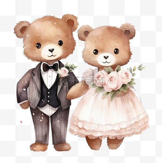 可爱的泰迪熊新娘新郎浪漫爱情婚礼结婚水彩卡通人物图片